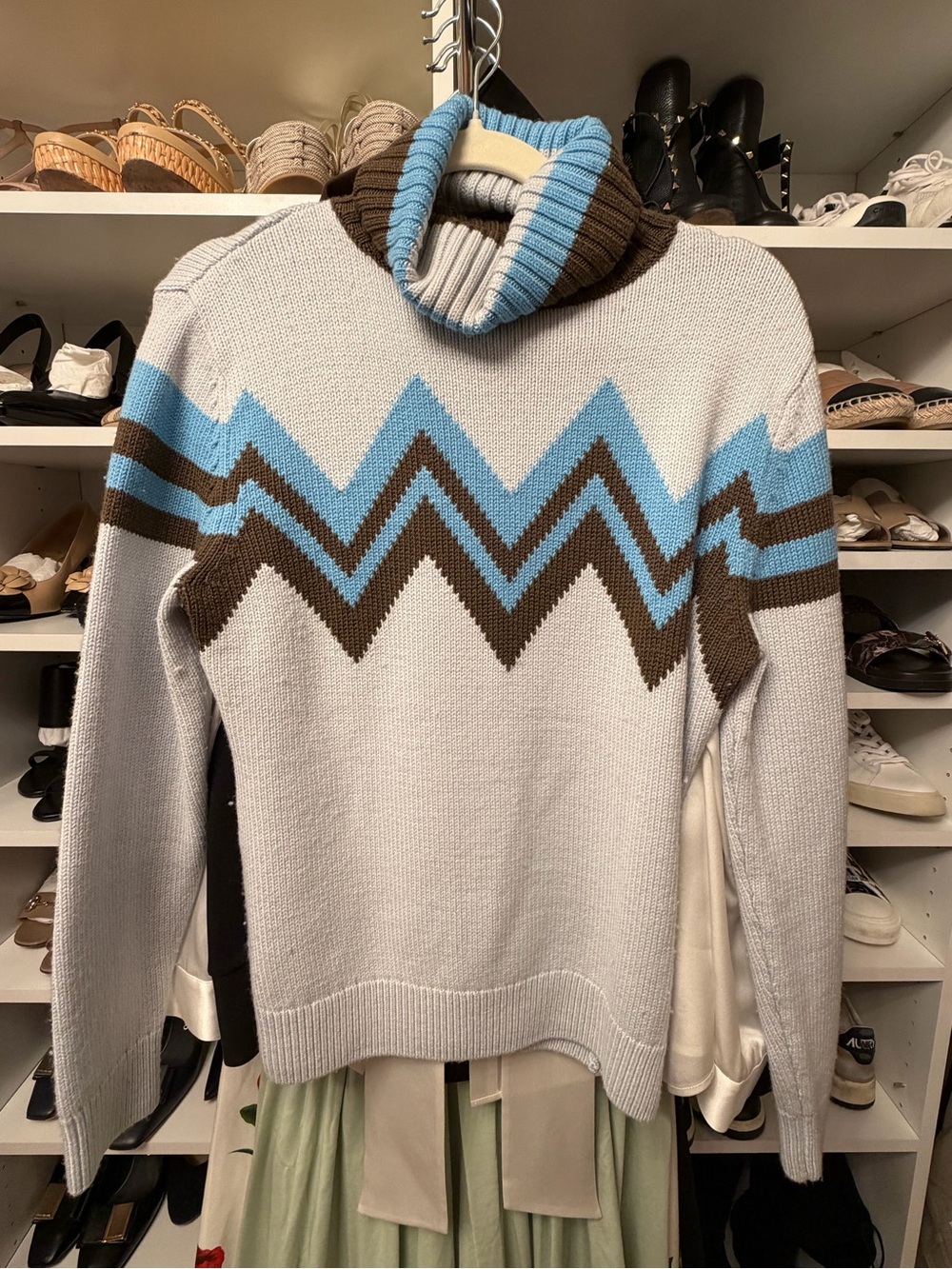 Women's Turtleneck Sweater Blue + Brown Chevron- perfect moment